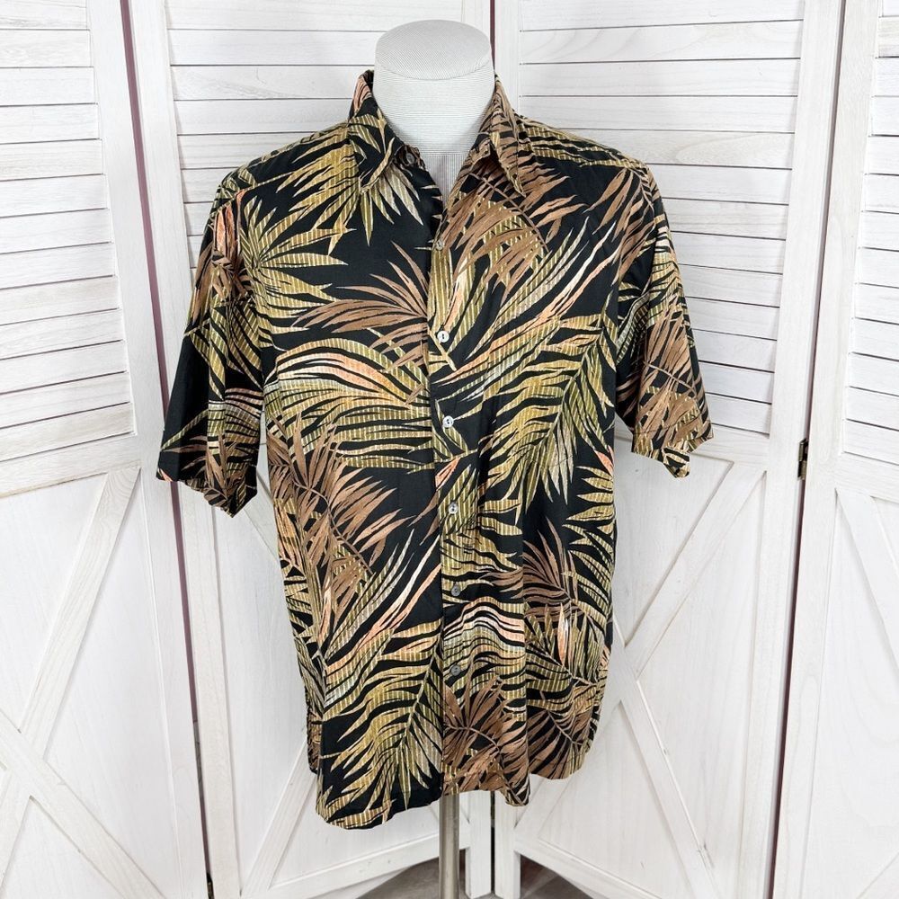 Tori Richard‎ Tropical Palm Leaf Hawaiian Camp Shirt Black Tan Green Large